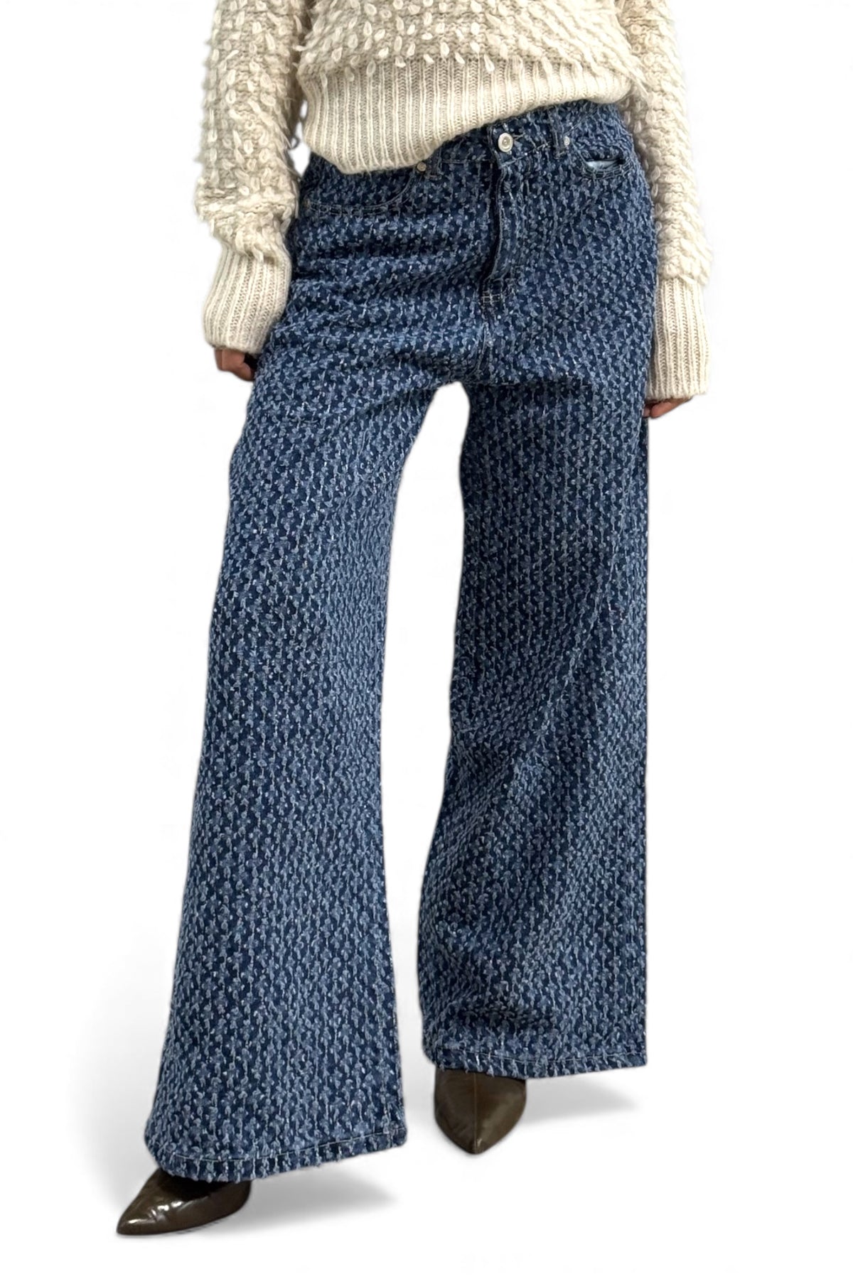 Jeans Amira wide leg comfy - vista frontale denim laserato palazzo
