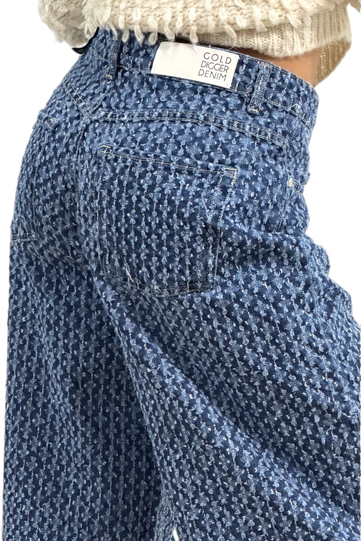 Jeans Amira wide leg - dettaglio stampa gessata lurex used esclusiva
