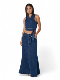 Gilet QUEEN a incrocio in denim gessato lurex