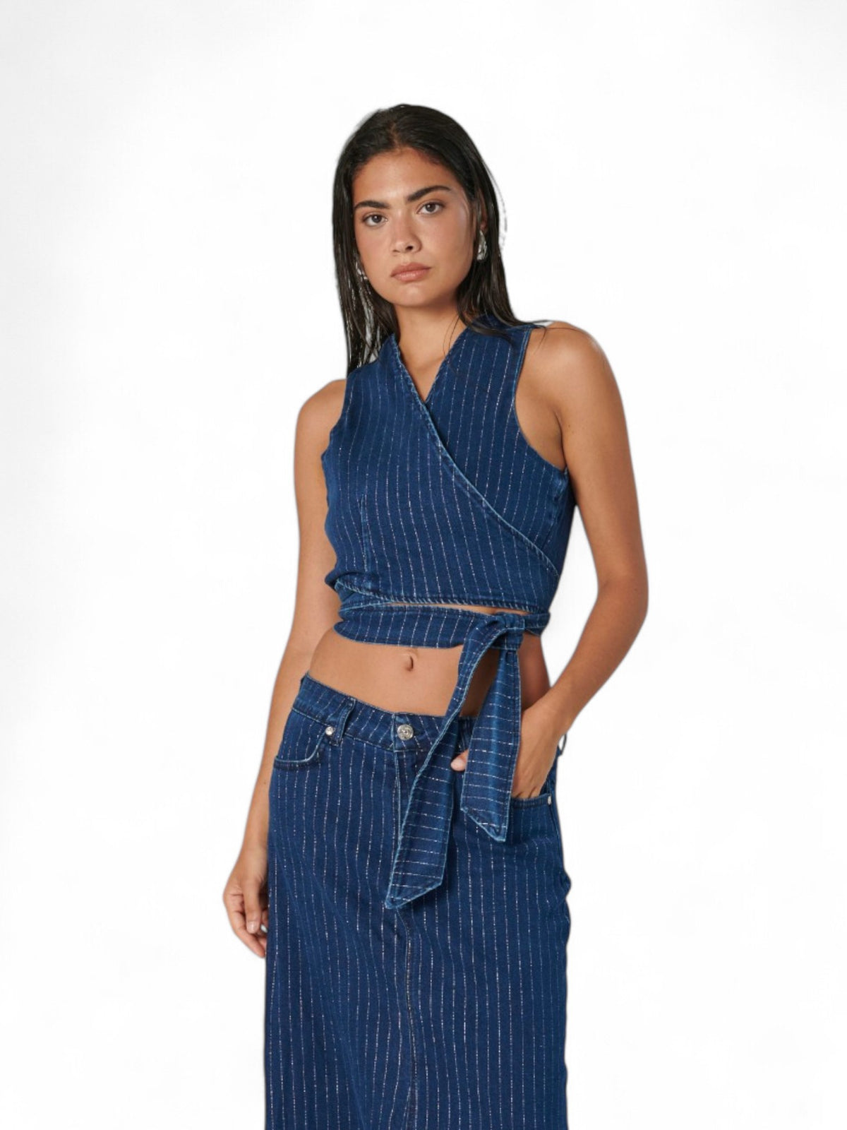Gilet QUEEN a incrocio in denim gessato lurex