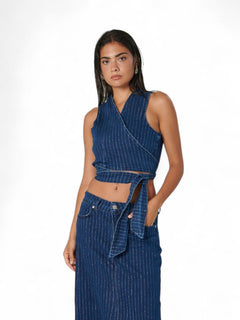 Gilet QUEEN a incrocio in denim gessato lurex
