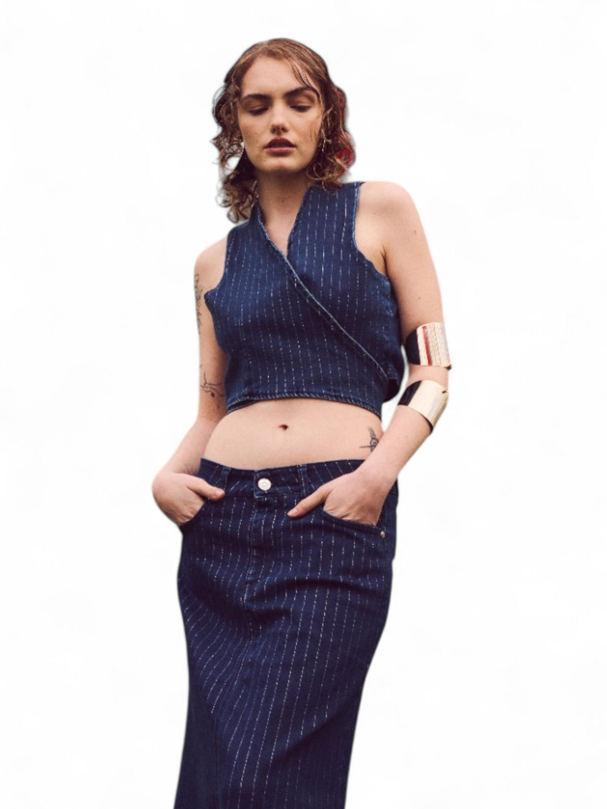Gilet QUEEN a incrocio in denim gessato lurex