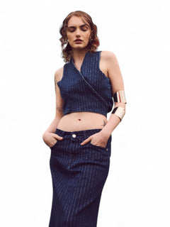 Gilet QUEEN a incrocio in denim gessato lurex