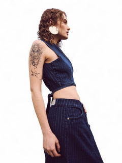 Gilet QUEEN a incrocio in denim gessato lurex