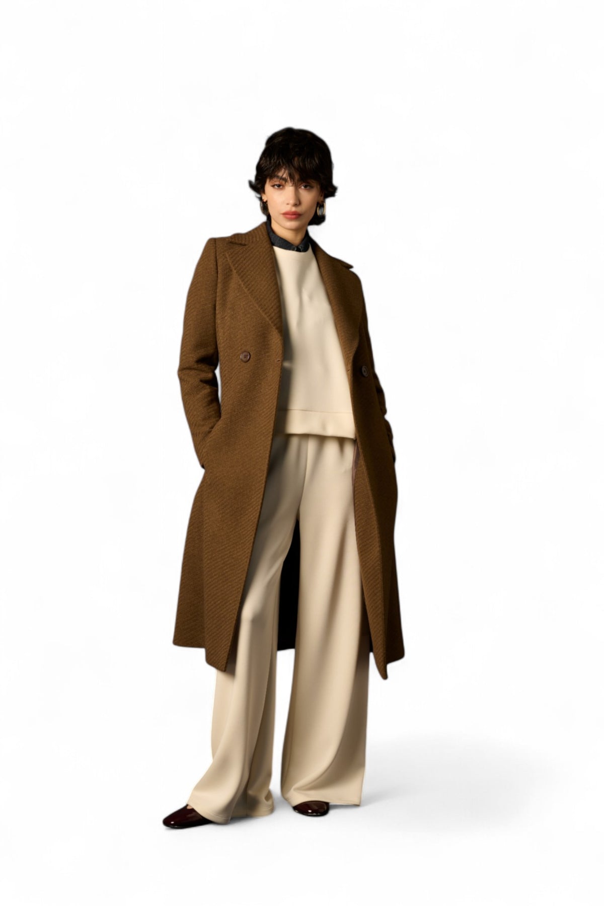 Cappotto Sally - dettaglio tessuto trama diagonale avvolgente caldo

