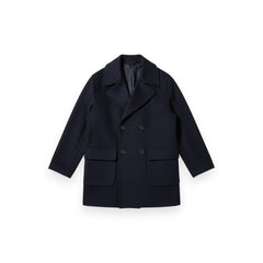 Cappotto Stacy navy lunghezza media con tasche a toppa - vista frontale doppio petto
