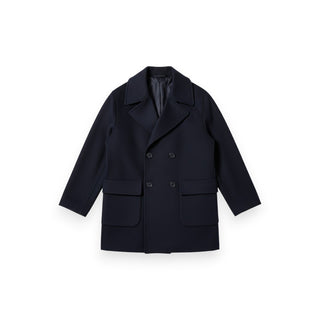 Cappotto Stacy navy lunghezza media con tasche a toppa - vista frontale doppio petto
