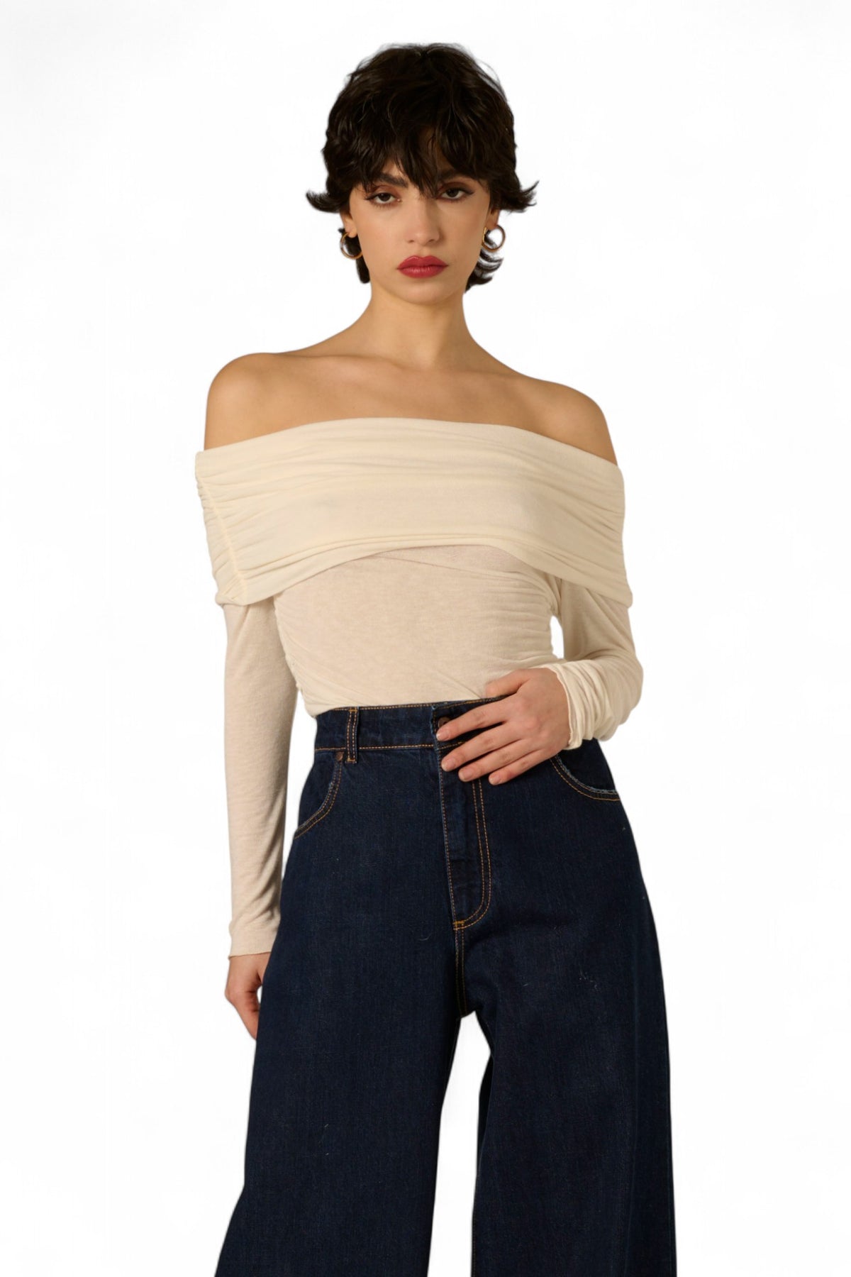 Maglia Vera con collo ribaltato con arricci in misto cashmere