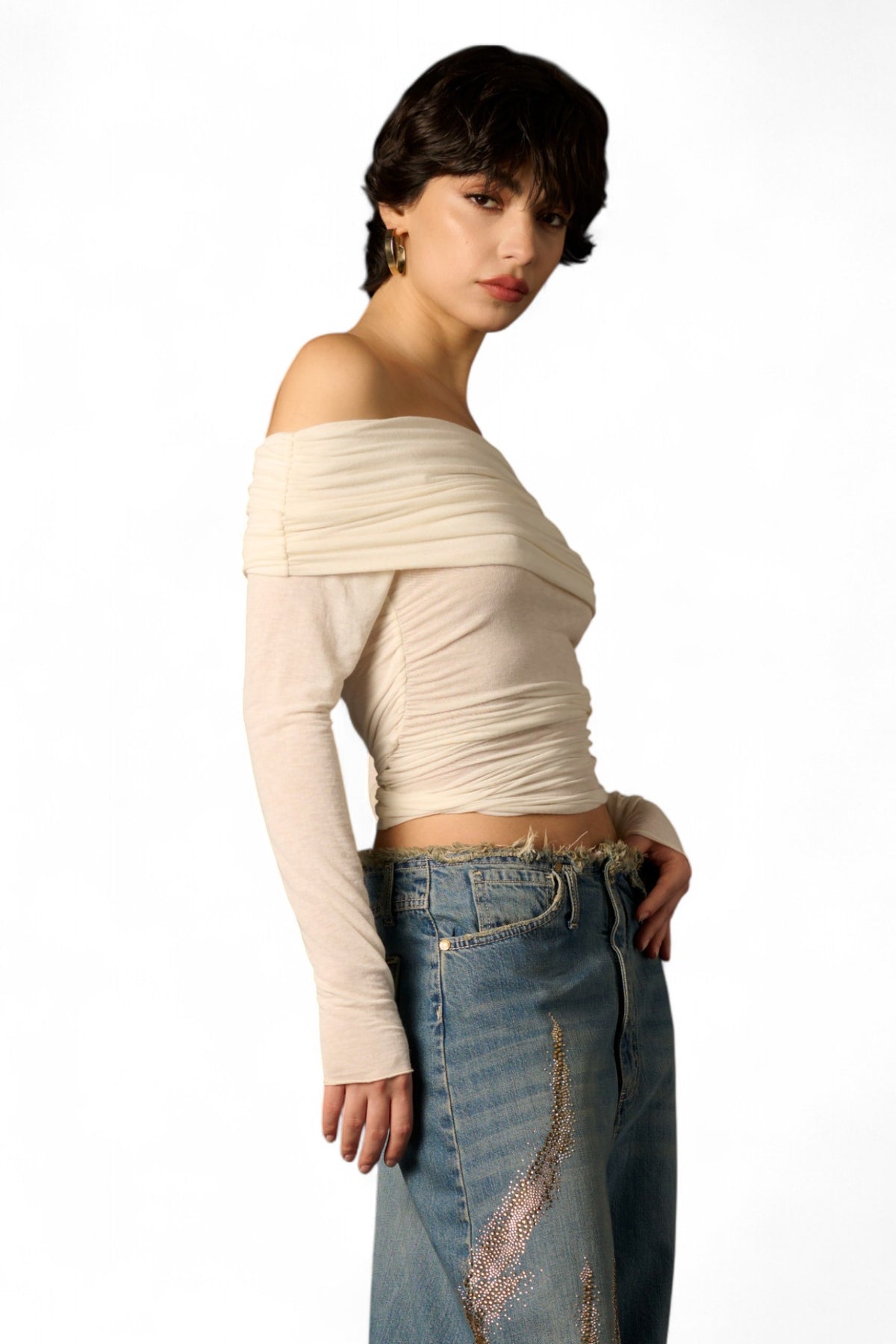 Maglia Vera con collo ribaltato con arricci in misto cashmere