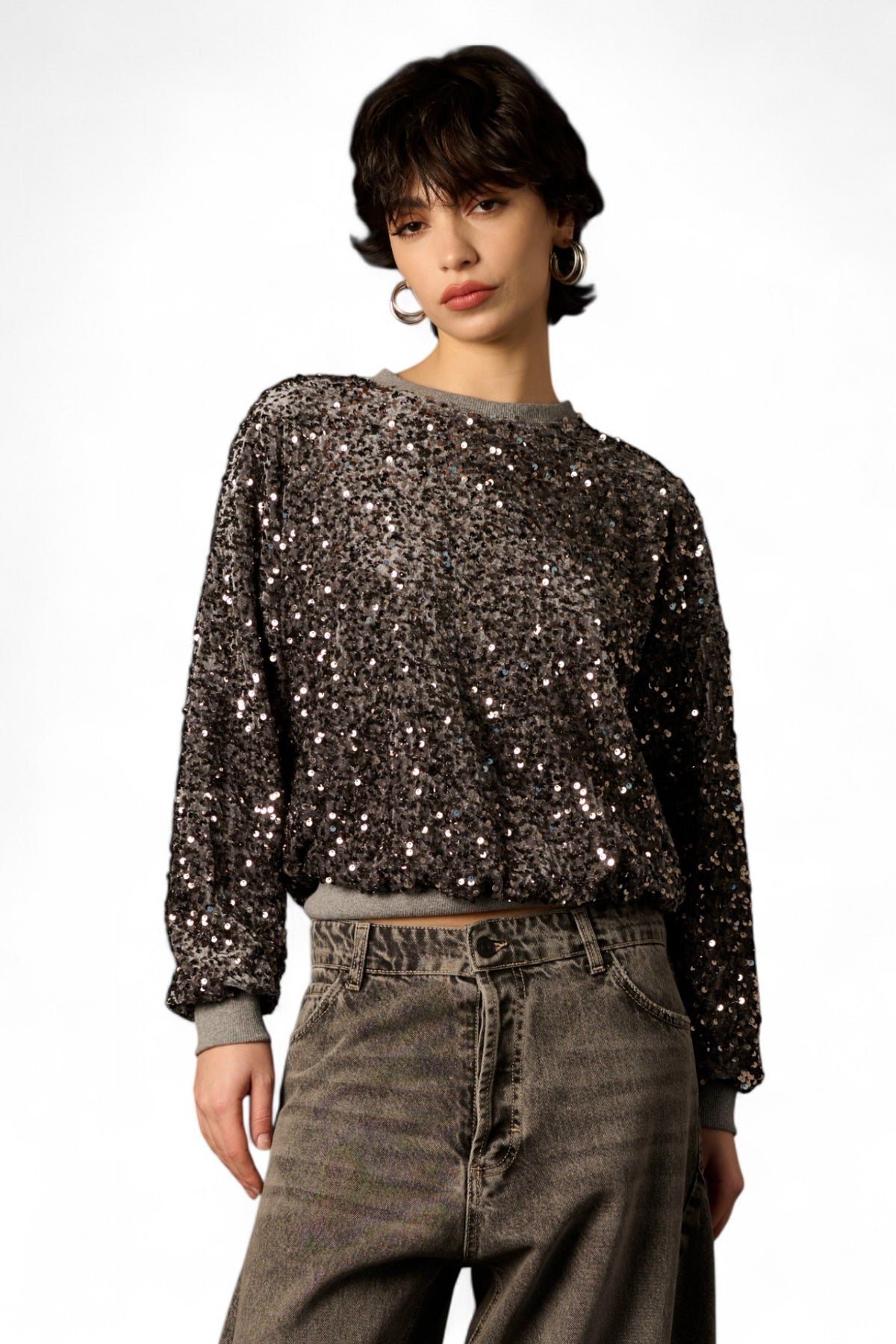 Felpa Vivi in pailettes piccole grigie