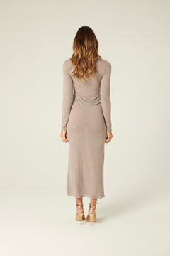 Abito Weslie misto cashmere beige - vista posteriore, dettaglio tessuto e drappeggio