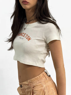 Shirt cropped YOANNA in costina con stampa university