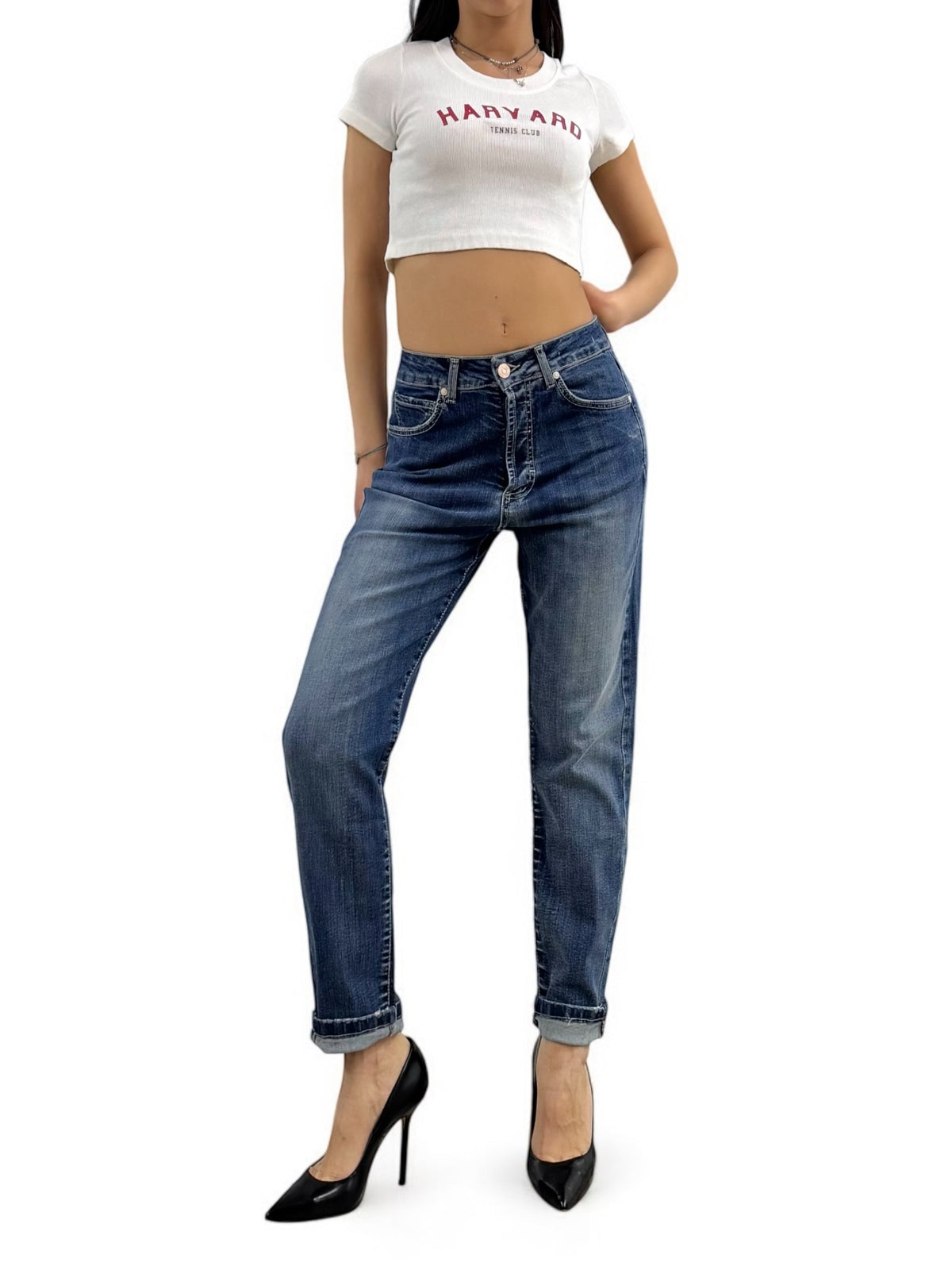 Shirt cropped YOANNA in costina con stampa university