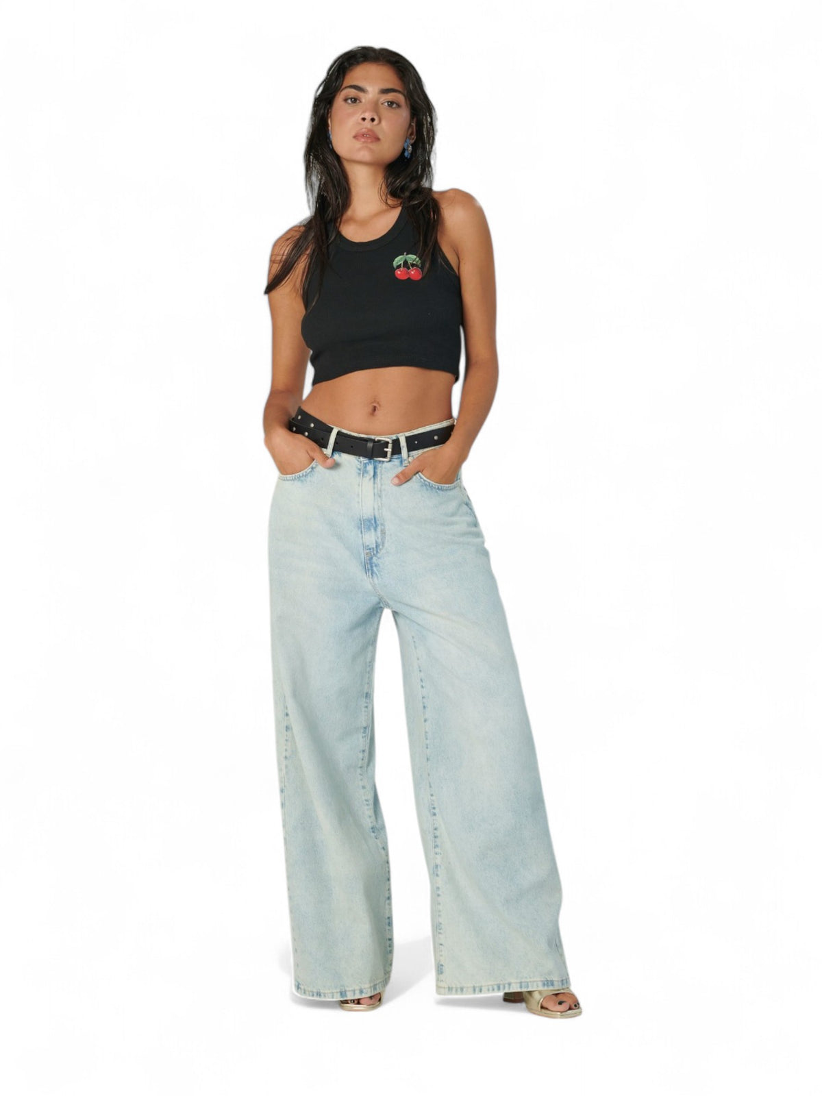 Canotta cropped YUKA in costina con stampa CHERRY