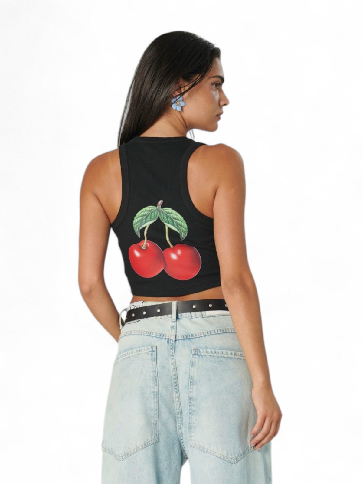 Canotta cropped YUKA in costina con stampa CHERRY