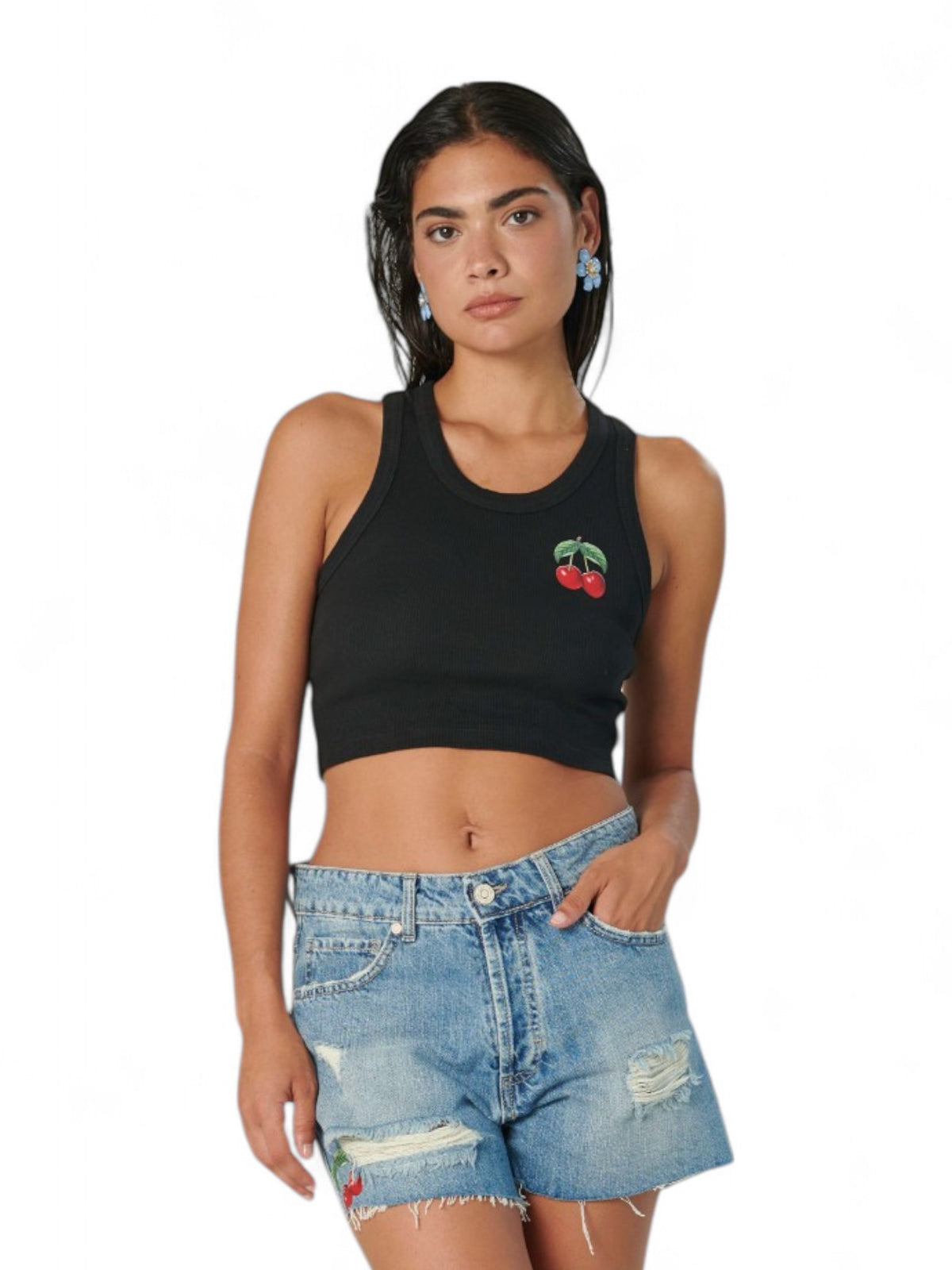 Canotta cropped YUKA in costina con stampa CHERRY