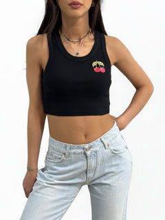 Canotta cropped YUKA in costina con stampa CHERRY