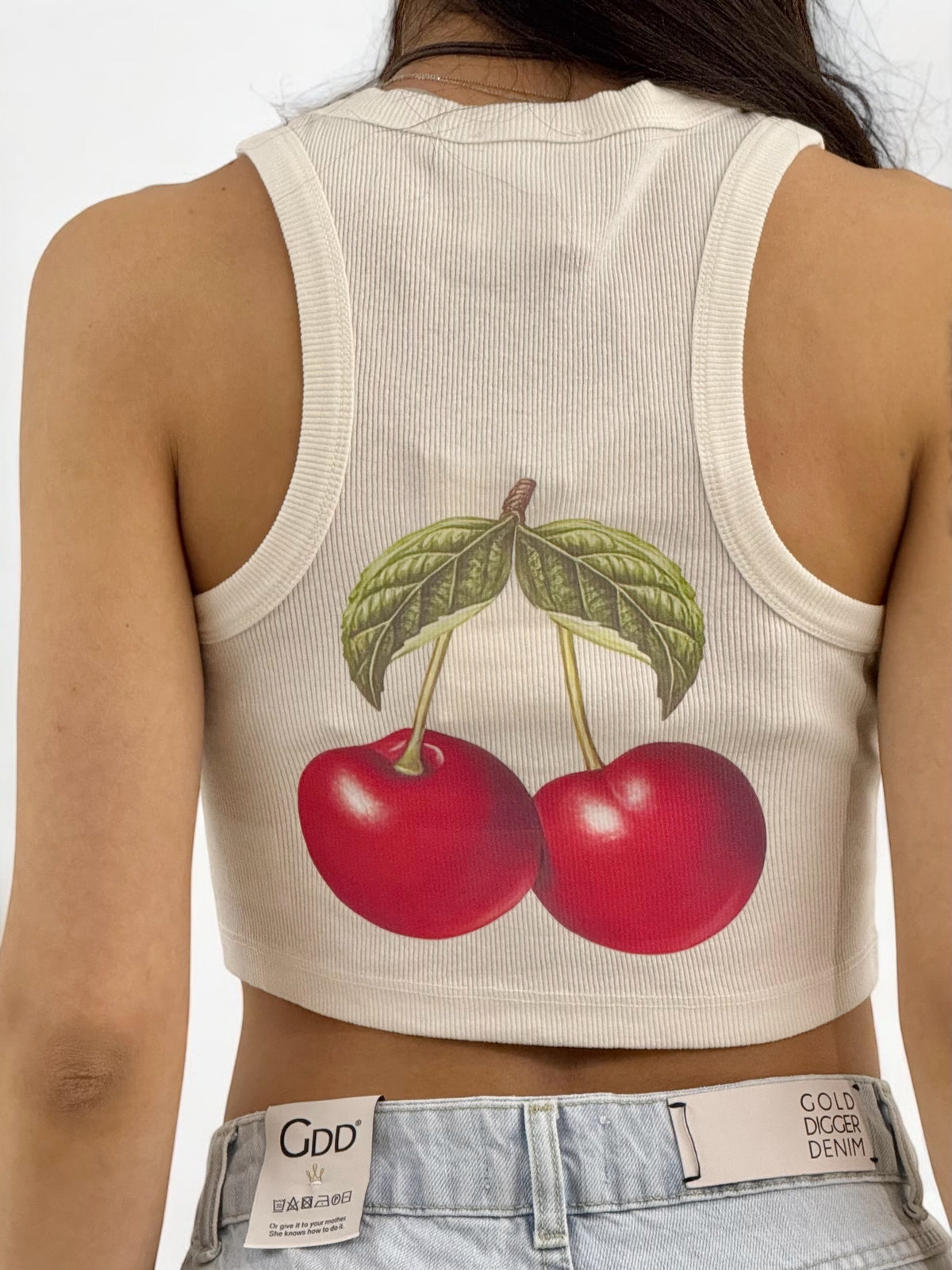 Canotta cropped YUKA in costina con stampa CHERRY