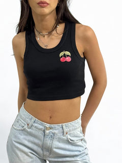 Canotta cropped YUKA in costina con stampa CHERRY