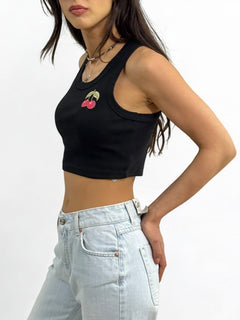 Canotta cropped YUKA in costina con stampa CHERRY