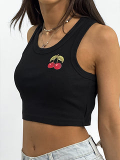 Canotta cropped YUKA in costina con stampa CHERRY
