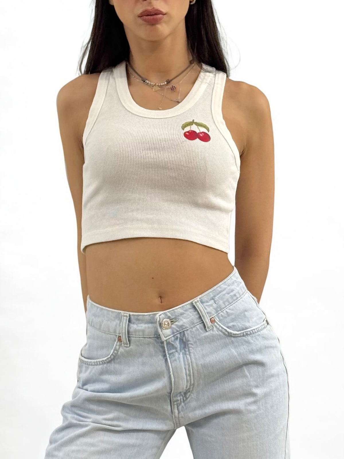 Canotta cropped YUKA in costina con stampa CHERRY