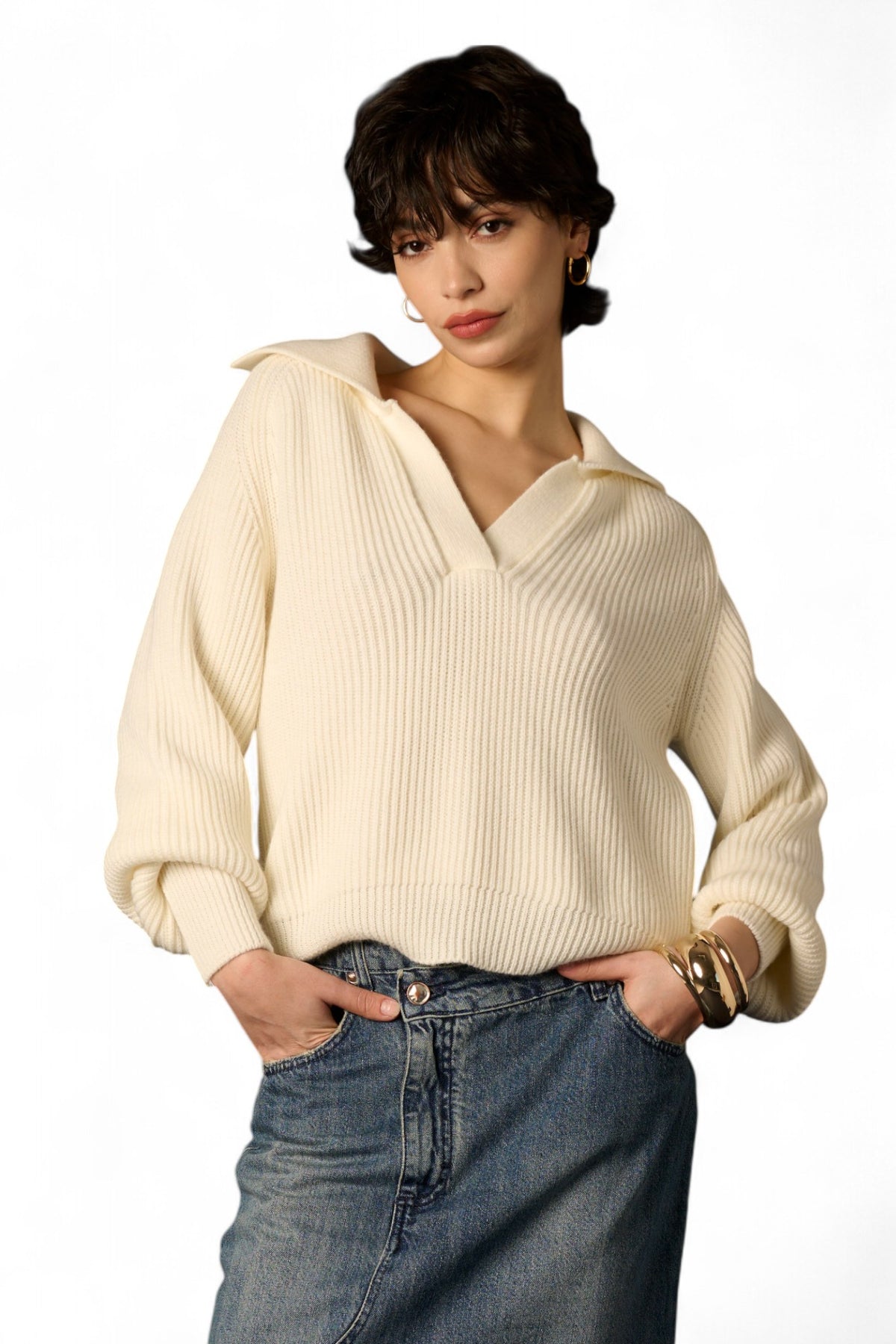 Maglia Yvonne con scollatura a polo e manica a sbuffo